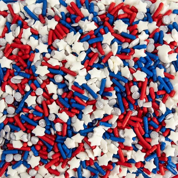 Cake Mate Party Size Patriotic Shimmer Sprinkles ??Red, White & Blue Confetti Sprinkles with Stars for Cakes, Cupcakes, Cookies, and More ??Easy Pour Lid, 26oz