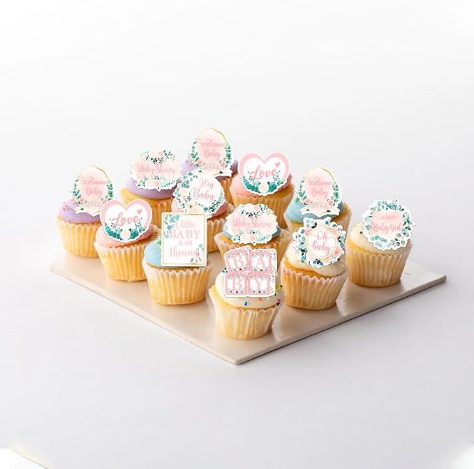 64 PCS Edible Baby Shower Cupcake Toppers Wafer Paper Floral Leaves Welcome Baby Girl Cupcake Picks Edible Love Baby in Bloom Cake Decorations for Gender Reveal Theme Girls Birthday Party Supplies