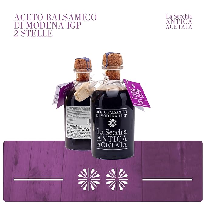 La Secchia - Balsamic Vinegar of Modena PGI "Due Stelle", Aged in 8 Oak Barrels, Medium-Low Density, 250 ml Bottle with Cork Pouring Cap.
