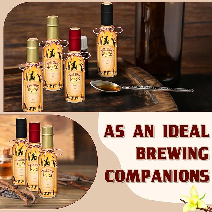 Tioncy 16 Pcs Vanilla Extract Bottles for Homemade Vanilla Jar Glass Bottle with Cap, Shrink Band, Sticker Syrup Gift Food Storage Canister for Bean Sauce Spice (Black, Red, Gold,5 oz)