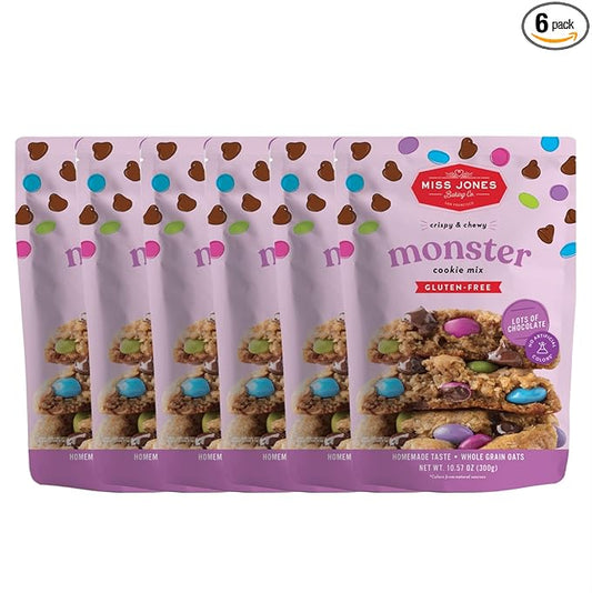 Miss Jones Baking Gluten-Free Monster Cookie Mix - Certified Gluten Free & Made with 100% Oats, Easy To Bake Desserts & Treats, Artificial Colors, 10.57 Ounce (Pack of 6)