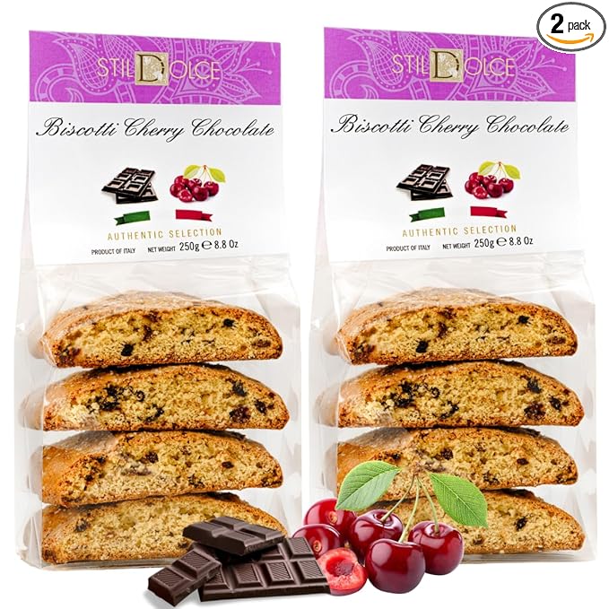 Stildolce Semi-Soft Chocolate and Cherry Italian Biscotti Cookies| Made in Tuscany, Italy| Classic Gourmet Biscuits No Preservatives 8.8 Oz, Pack of 2