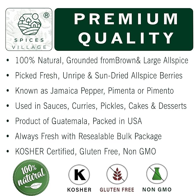 SPICES VILLAGE Ground Allspice (8 oz) - Powdered Fresh Whole Allspice Berries, Ground Jamaican Pimento Seeds, Natural Seasoning for Curries Pastries - Kosher, Gluten Free, Non GMO, Resealable Bulk Bag