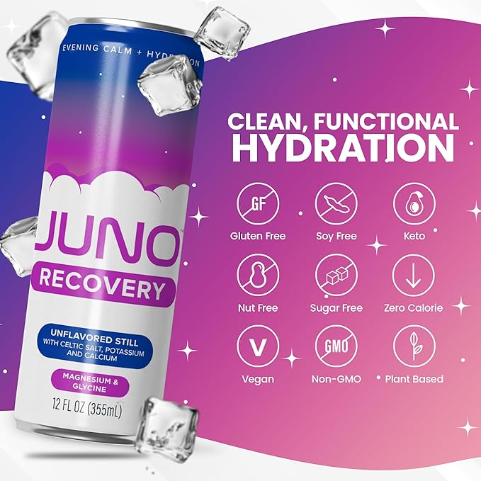 JUNO RECOVERY Unflavored Still Drink - Energizing Hydration with Magnesium, Glycine, Celtic Salt, Potassium & Calcium - Refreshing Beverage, 12 Pack