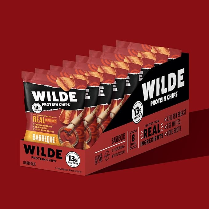 WILDE Protein Chips Barbeque, Thin and Crispy High Protein Snacks, Keto Friendly, Low Carb Chips, Real Ingredients, 1.34oz (Pack of 8)