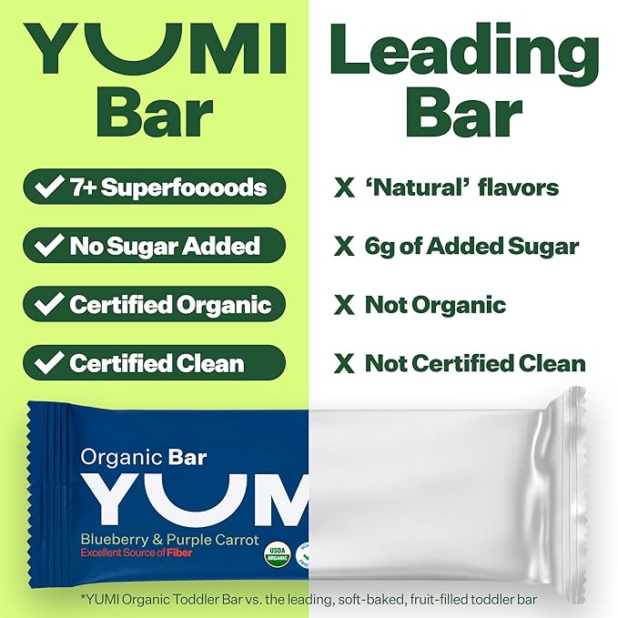Yumi Organic Toddler Snacks Bars - Gluten-Free, No Added Sugar, 7+ Vegetables, Soft-Baked Crust, Yumi Bars Healthy Toddler Organic Snacks - School Safe for Lunch Boxes, Blueberry & Purple Carrot (30ct.)