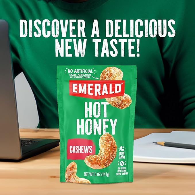 Emerald Nuts Hot Honey Cashews (1-Pack) | 5oz Resealable Bag | Kosher Dairy Certified, Non-GMO, Contains No Artificial Preservatives, Flavors or Synthetic Colors