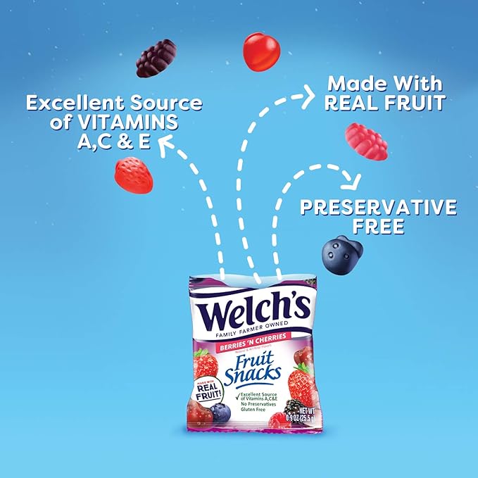 Welch's Fruit Snacks, Berries 'n Cherries, Great for School Lunches, Bulk Pack, Individual Single Serve Bags, 1.55 oz (Pack of 144)