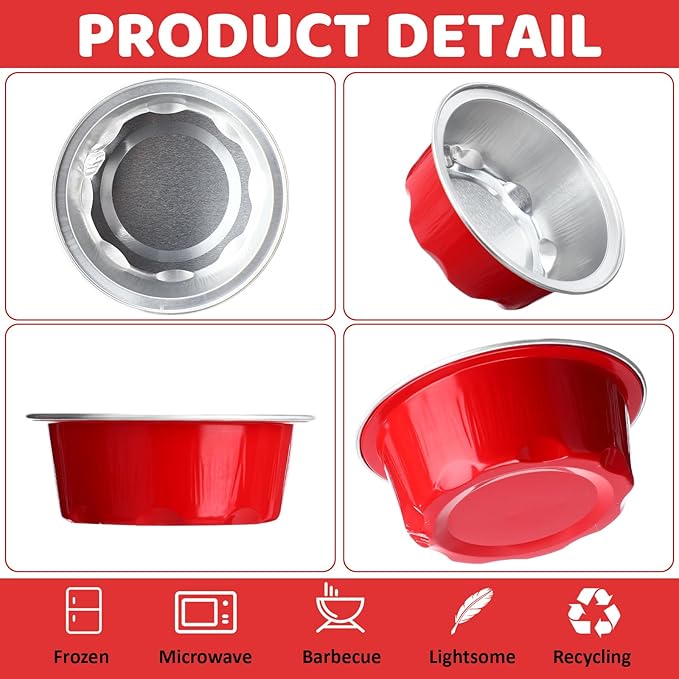 Eaasty 150 Pcs Baking Cups with Lids, 1.6 oz Muffin Cupcake Liners Aluminum Foil Mini Cake Pans Small Disposable Ramekins Flan Containers with Lids for Christmas, Birthday, Various Holiday(Red)