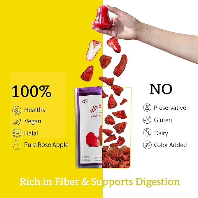 Vinamit Soft Dried Rose-Apple | Dried Plums 3.5 oz Bag | Tropical Fruit Snack | Vegan, Gluten-Free | High in Fiber, Non-GMO, Ideal for Healthy Snacking