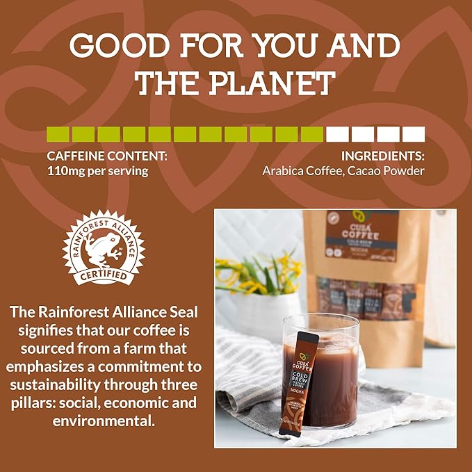 Cusa Tea & Coffee, Mocha Cold Brew. Premium Instant Coffee, Rainforest Alliance Certified Arabica Beans. Drink Mix Packets Ready in Seconds, Makes Hot or Iced Coffee (30 Servings)