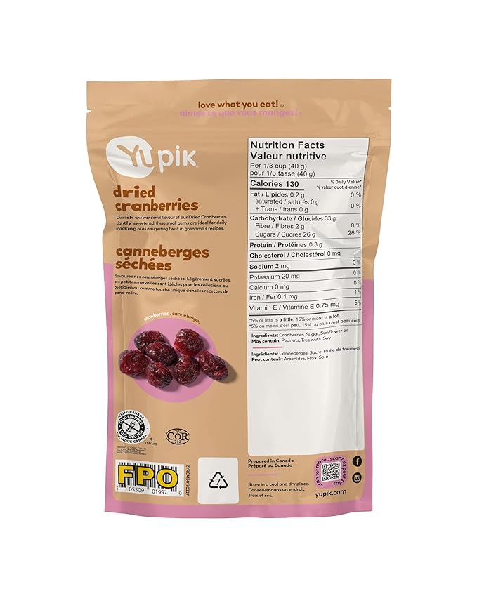 Yupik Dried Cranberries, 8 Oz, Gluten-Free, Kosher, Dried Fruits, Whole Cranberries, Lightly Sweetened, Healthy Snacks