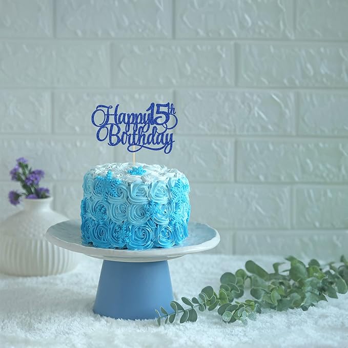 1 Pack Happy 15th Birthday Cake Topper Glitter Number 15 Fifteen Years Old Birthday Cake Pick Decoration for 15th Birthday Celebrating Anniversary Party Supplies Blue