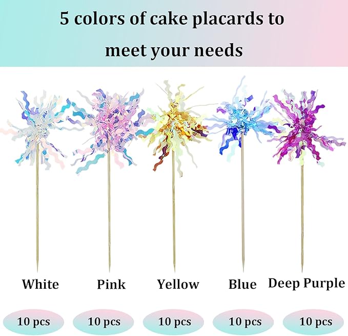 50 Pcs Foil Firework Cupcake Toppers, Glitter Sparkle Tinsel Frill Toothpicks for Cake Cocktail Food Fruit Decoration (Pink, Blue, Deep Purple, Yellow, White)
