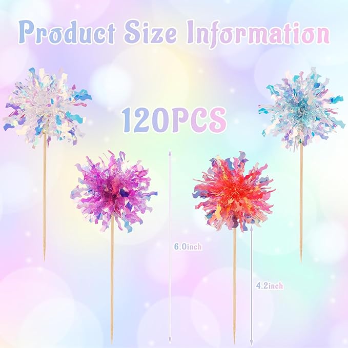 MEMOVAN Firework Cupcake Topper 120pcs Sparkle Tinsel Cake Toppers Foil Frill Toothpicks Drink Stirrer Cake Cupcake Decoration Cocktail Picks for Birthday Wedding Graduation Party Supplies