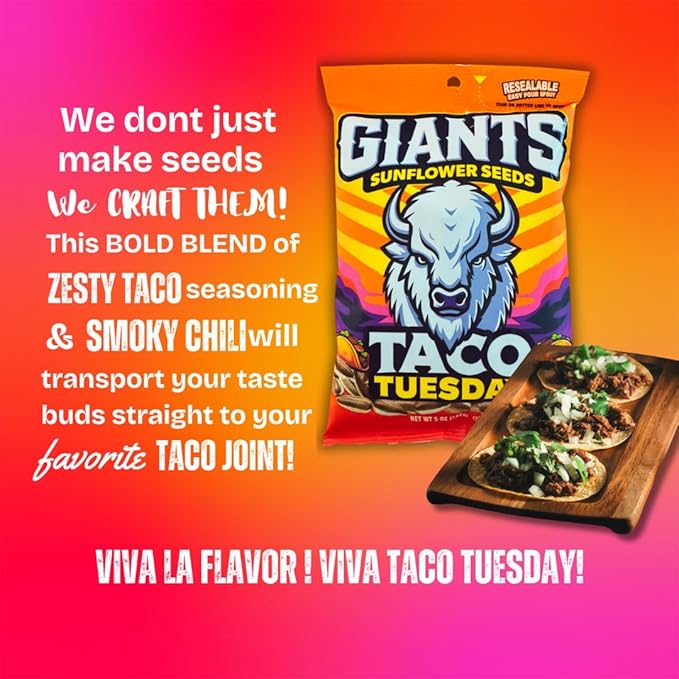 GIANTS Taco Tuesday Sunflower Seeds - Sunflower Seeds to Eat, High Protein Snack, Zesty Taco Seasoning, Source of Vitamin E & Fiber Content - 5 oz Resealable Bags (Pack of 3)