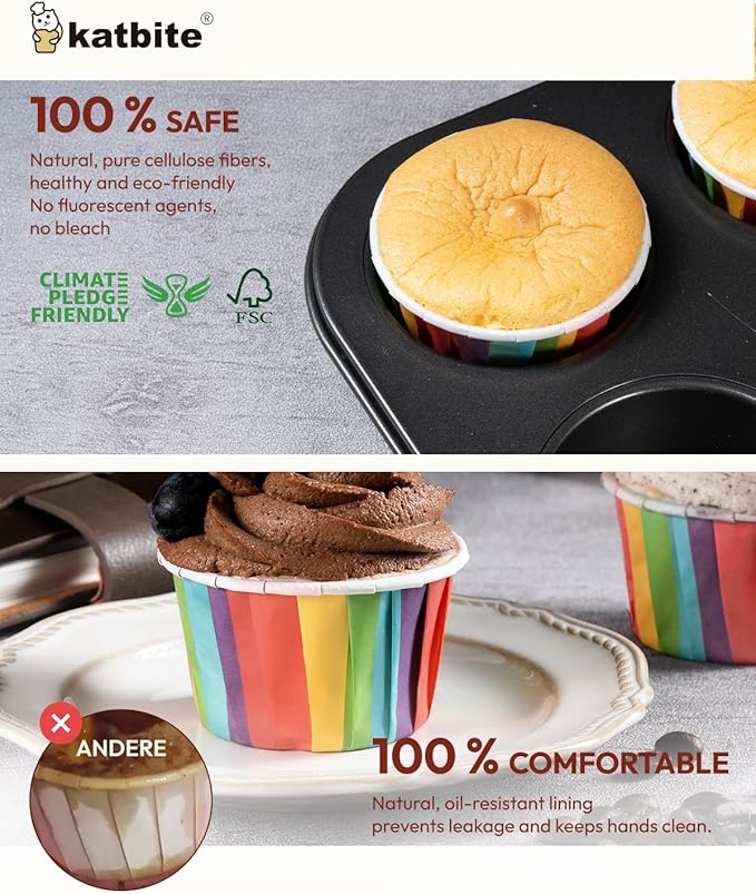 Katbite Parchment Cupcake Liners Rainbow Color Standard Size 100PCS, Christmas Cupcake Liners, Muffin Baking Liners, Heavy Duty Greaseproof Wrappers for Bakery, Birthday Party