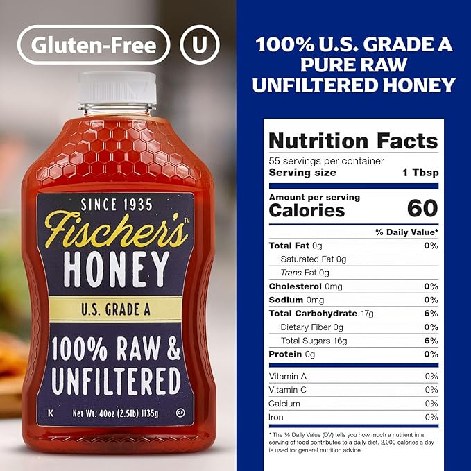 Fischer’s 100% Pure, Raw & Unfiltered Honey, 40 oz – USA Made Honey – All-Natural Sweetener – Rich Flavor Profile, Packed with Nutrients