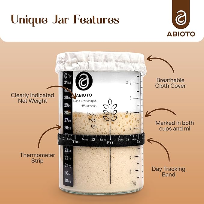 Sourdough Jar Kit, Includes 34 oz Sourdough Starter Jar with Metallic Lid, Silicone Spatula, Feeding Tracker, Extra Thermometer Strips & Breathable Covers ??Sourdough Bread Starter Kit