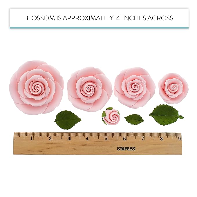 Global Sugar Art Edible Exquisite Rose & Leaf Tray Sugar Cake Flowers, Pink Unwired, 5 Count by Chef Alan Tetreault