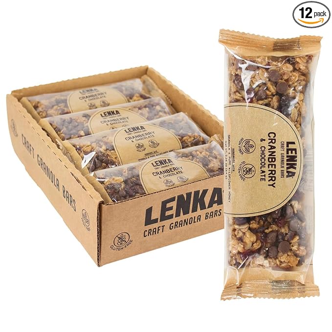 Lenka Bars - Cranberry Chocolate Snack Bars, Gluten Free, High Fiber, Kosher, Wholesome, No Artificial Flavors, Individually Wrapped - 12 Pack