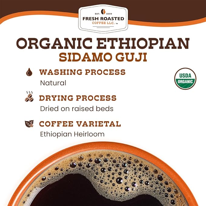 Fresh Roasted Coffee, Organic Ethiopian Sidamo Natural | USDA Organic, 100% Single Origin, Kosher | Light Roast 2 lb (32 oz) Whole Bean