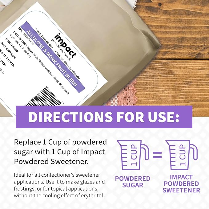 Impact - Monk Fruit Allulose Sweetener, Crystallized Blend Sugar Substitute - Zero Calorie Low-Carb Essential for Low-Carb Recipes - 25kg