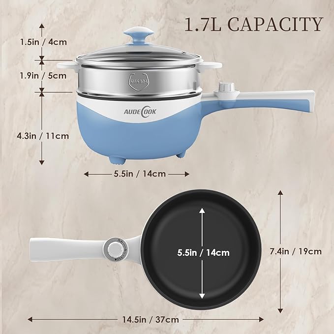 Audecook Hot Pot Electric with Steamer, 1.7L Mini Electric Skillet Portable Nonstick Saut챕 Pan with Power Adjustment, Ramen Cooker Travel Multicooker for Steak/Soup/Egg/Oatmeal/Noodles