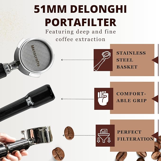 Espresso Portafilter 51mm Bottomless - Compatible for 51 mm Delonghi EC0680, E0685, SMEG & EUPA Coffee Machines - Open, Naked, Flat - Stainless Steel Filter Basket & Puck Screen Included (Black)
