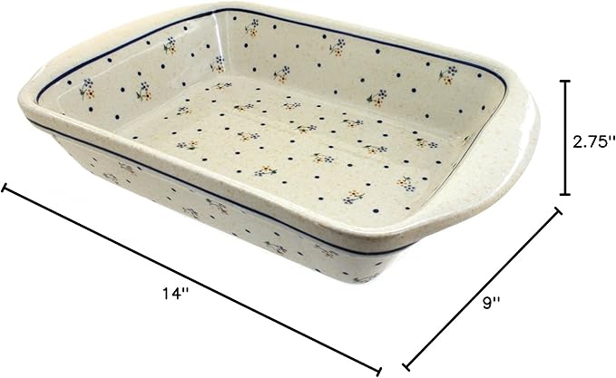 Blue Rose Polish Pottery - Off-white Country Meadow Large Rectangular Baker with Handles - 9" x 6.5" - Unique, Dishwasher Safe, & Durable Bakeware