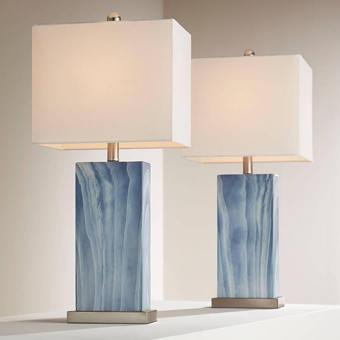 360 Lighting Connie Modern Table Lamps 25" Tall Set of 2 with USB Charging Ports Blue Faux Marble White Rectangular Shade for Bedroom Living Room House Desk Bedside Nightstand Office Family