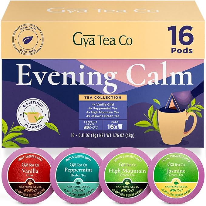 Gya Tea Co Evening Calm Tea Gift Set (16 ct) - Assorted Tea Pod Variety Pack with Vanilla Chai, Peppermint, High Mountain, Jasmine Green 4 Flavors for Night Rest, Digestion & Relaxation
