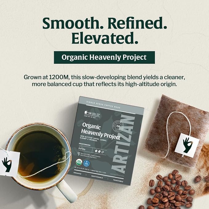 Artizan Organic Single-Serve Coffee Bags – Heavenly Project Swiss Water Decaf | Full City Roast | 10 Count | No Equipment Needed | Specialty-Grade Craft Roasted, Nitro-Sealed, Compostable