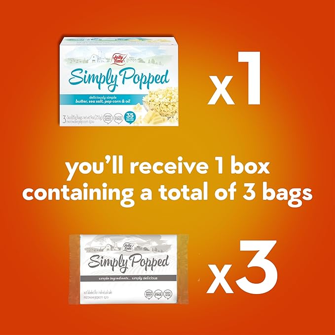Jolly Time Simply Popped - Lightly Salted Microwave Popcorn, 3oz Sharing Bag, 3 Bags Per Carton (Simply Popped Butter, 3 Ounce (Carton of 3))