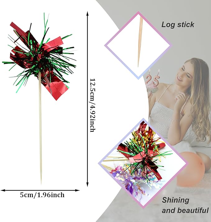 50 Pcs Foil Firework Cupcake Toppers, Glitter Sparkle Tinsel Frill Toothpicks for Cake Cocktail Food Fruit Decoration (Red, Green, Orange, Bright Purple, White)