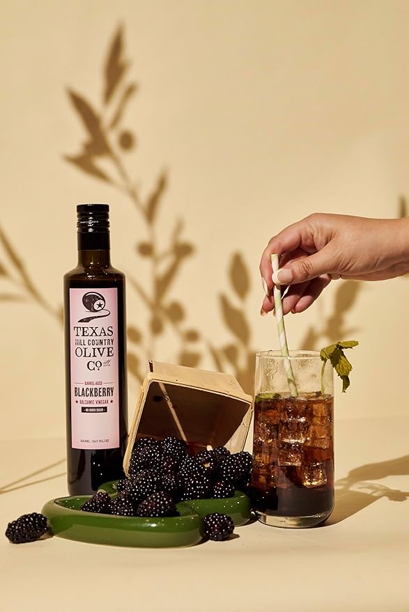 Blackberry Balsamic Vinegar - Gourmet Barrel Aged Infused Balsamic Vinegar - Great for Dressing Dipping Glazing - No Artificial Flavors or Added Sugar - Made in Texas (8.5 oz)