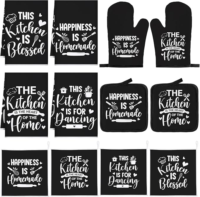 Bencailor 12 Pcs Farmhouse Kitchen Decor Sets, 8 Black Kitchen Dish Towels 2 Pot Holders 2 Oven Mitts Glove, Rustic Hand Towels and Dishcloths Sets for Home Decorations Accessories Christmas Mom Gifts