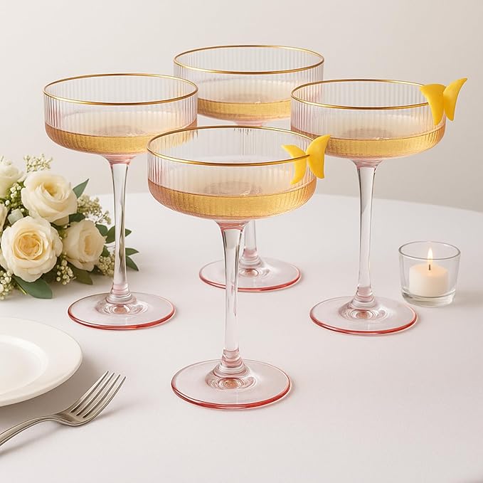 Khen Ribbed Vintage Art Deco Coupe Glasses - Martini, Champagne & Cocktail Ribbed Glasses 8oz | Crystal Ripple Goblet Glassware Set, Pink Gilded, 4 Pieces, Housewarming Gift
