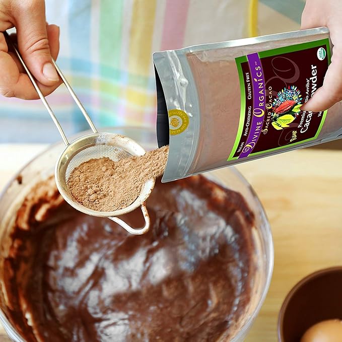 Divine Organics Raw Cacao Powder/Raw Cocoa Powder - Certified Organic - Premium Rio Arriba - Smoothies, Hot Chocolate, Baking, Shakes, Add to Coffee - Rich in Magnesium (16oz)
