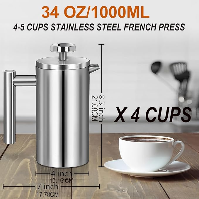French Press Coffee Maker 34oz, Stainless Steel Double Wall Insulated, 3 Extra Filters & Coffee Spoon for Hot/Cold Brew, Durable Coffee Press for Home, Camping, Office - Silver