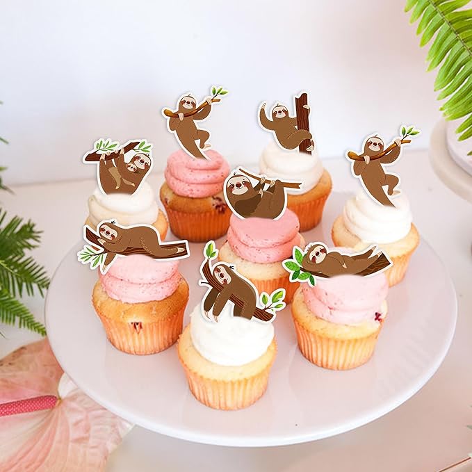 42Pcs Edible Cupcake Toppers Wafer Paper Sloth Animal Cupcake Toppers Drink Topper Dessert Muffin Cake Picks Cake Decoration for Children Birthday Party Decoration