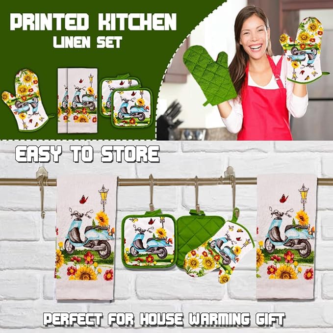 Lobyn Value Packs - Sunflowers & Butterflies & Blue Scooter: 5 Piece Kitchen Towel Set with 2 Decorative Dish Towels (25x15), 1 Oven Mitt and 2 Potholders (6 1/2 Sq)