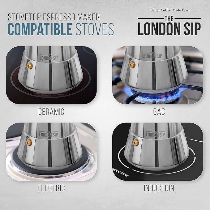 London Sip Stainless Steel Stovetop Espresso Maker Moka Pot Italian Coffee Percolator, Silver, Small (5.07 oz)