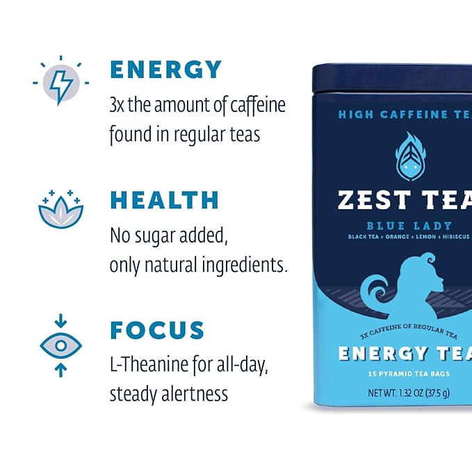 Zest Tea Premium Energy Hot Tea, High Caffeine Blend Natural & Healthy Traditional Black Coffee Substitute, Perfect for Keto, 150 mg Caffeine per Serving, Blue Lady Black Tea, Tin of 15 Sachet Bags