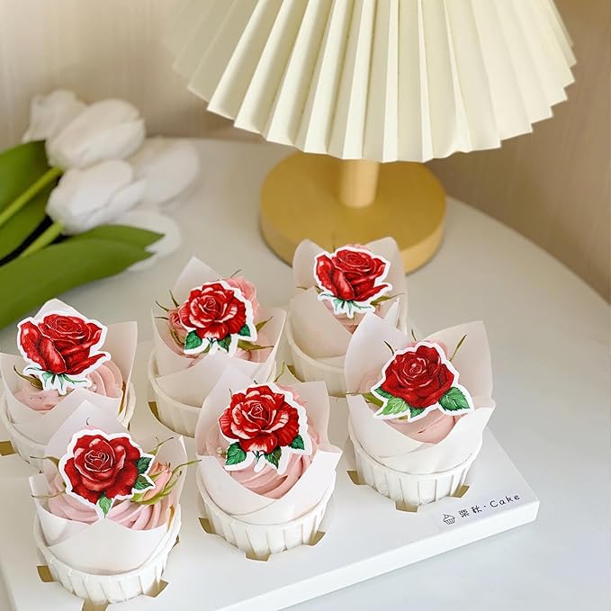 40 PCS Edible rose Cupcake Toppers Wafer Paper Red Rose Flower Cupcake Picks Rose Drink Topper Wedding Engagement Themed Party Valentine's Day Birthday Party Cake Decoration ??"<div>