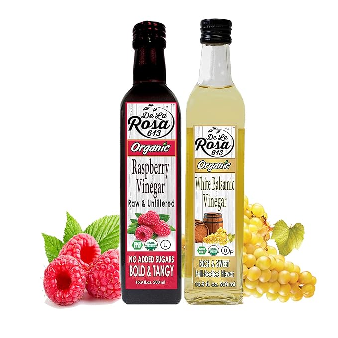 De La Rosa Organic Raspberry and White Balsamic Vinegar, Vegan, Kosher, Non-GMO & Gluten Free, Great for Salad Dressings, Marinades and More 16.9 Oz (pack of 2)