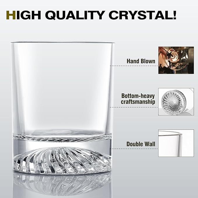 Hand Blown Crystal Old Fashioned Whiskey Glasses Rocks Glasses Drinking Cocktail Bourbon Scotch Rum Vodka Liquor 12 OZ - set of 6 Gifts for Men