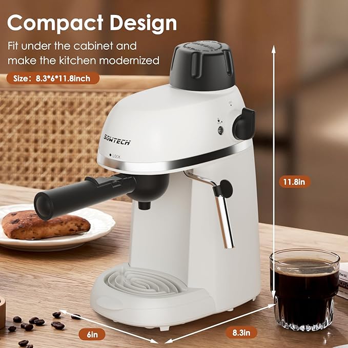 Coffee Machine, 3.5 Bar Espresso Cappuccino Machine with Milk Frother, 1-4 Cup Portable Coffee Maker for Latte, Cappuccino, 800W, White