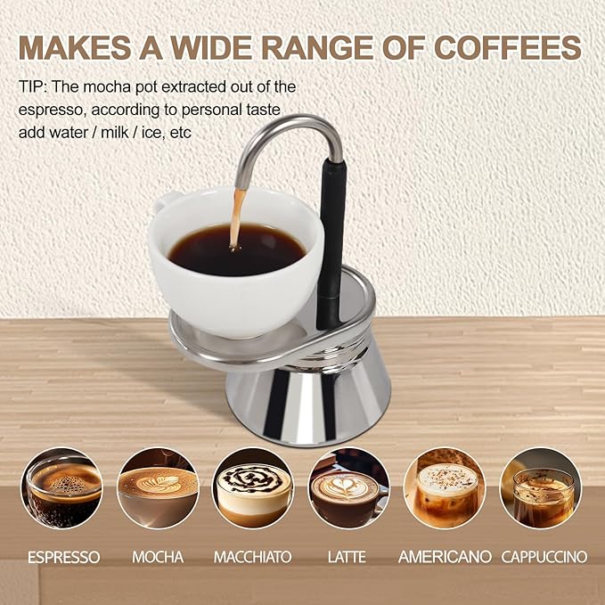 Uncoated 4 Cup Single Tube Moka Pot 304 Thickened Stainless Steel Mini Coffee Maker Stovetop Espresso Coffeemaker Italian Classic Style Brewing Greca Cafe Mocha Machine for Camping Travel Home 310ml