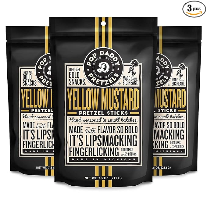Pop Daddy Flavored Pretzels Sticks, Healthy Gourmet Pretzels Snacks, 7.5oz Individual Bags, 3 Pack, Yellow Mustard